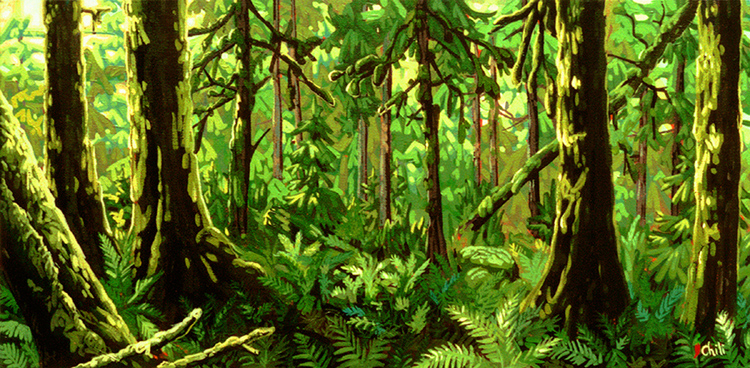 Chili Thom painting of an emerald forest